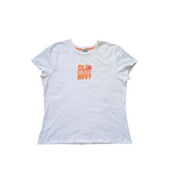 Y2K Old Navy Baby Tee Womens XXL White Orange Hibiscus Surf AceTheWave Skate - Picture 1 of 5